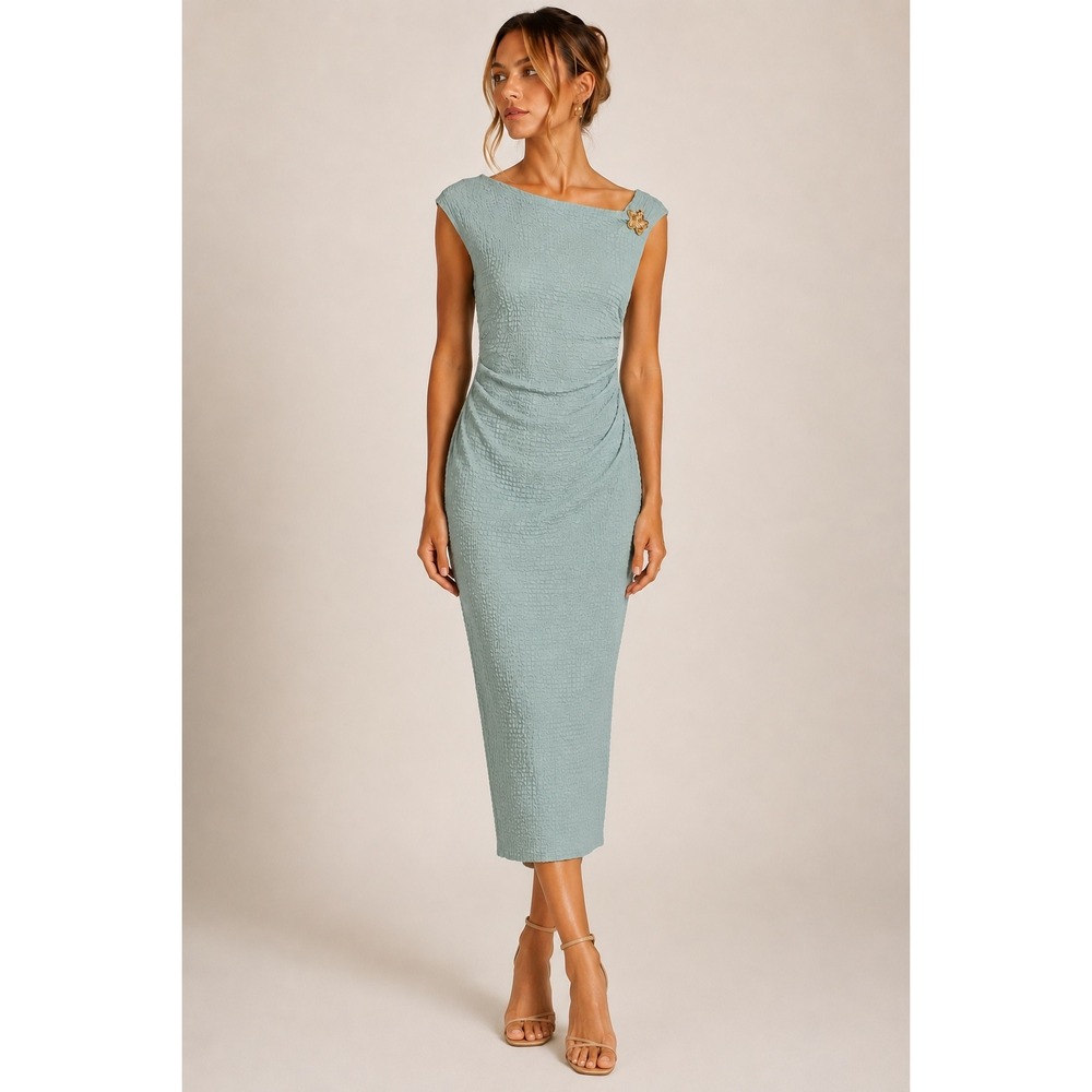 NWT See You Monday Blue Sage Midi Dress Floral Brooch Textured Fitted L